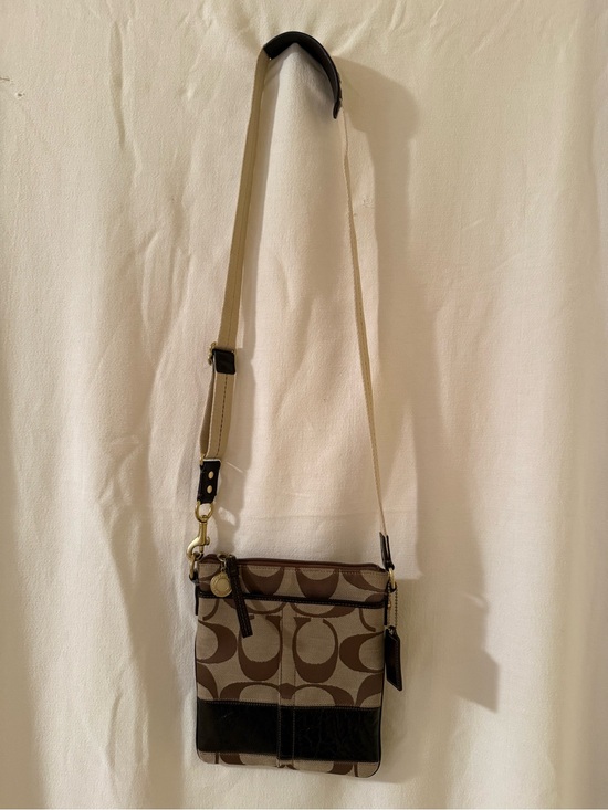 Coach Handbags - Coach Khaki and Brown Signature Crossbody with Patent Leather Trim